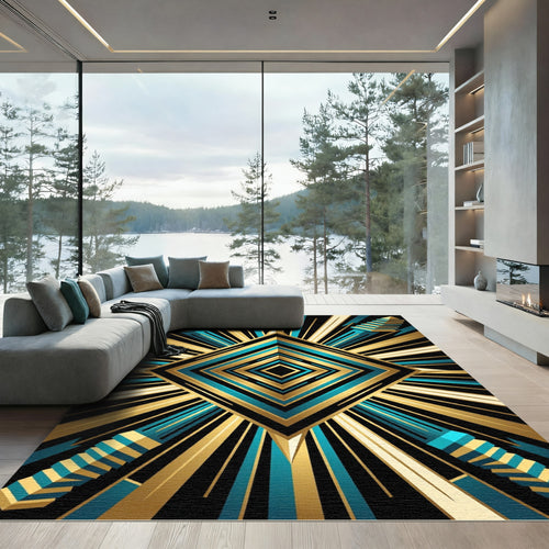 Art Deco Teal Golden Geometric Diamond Rug