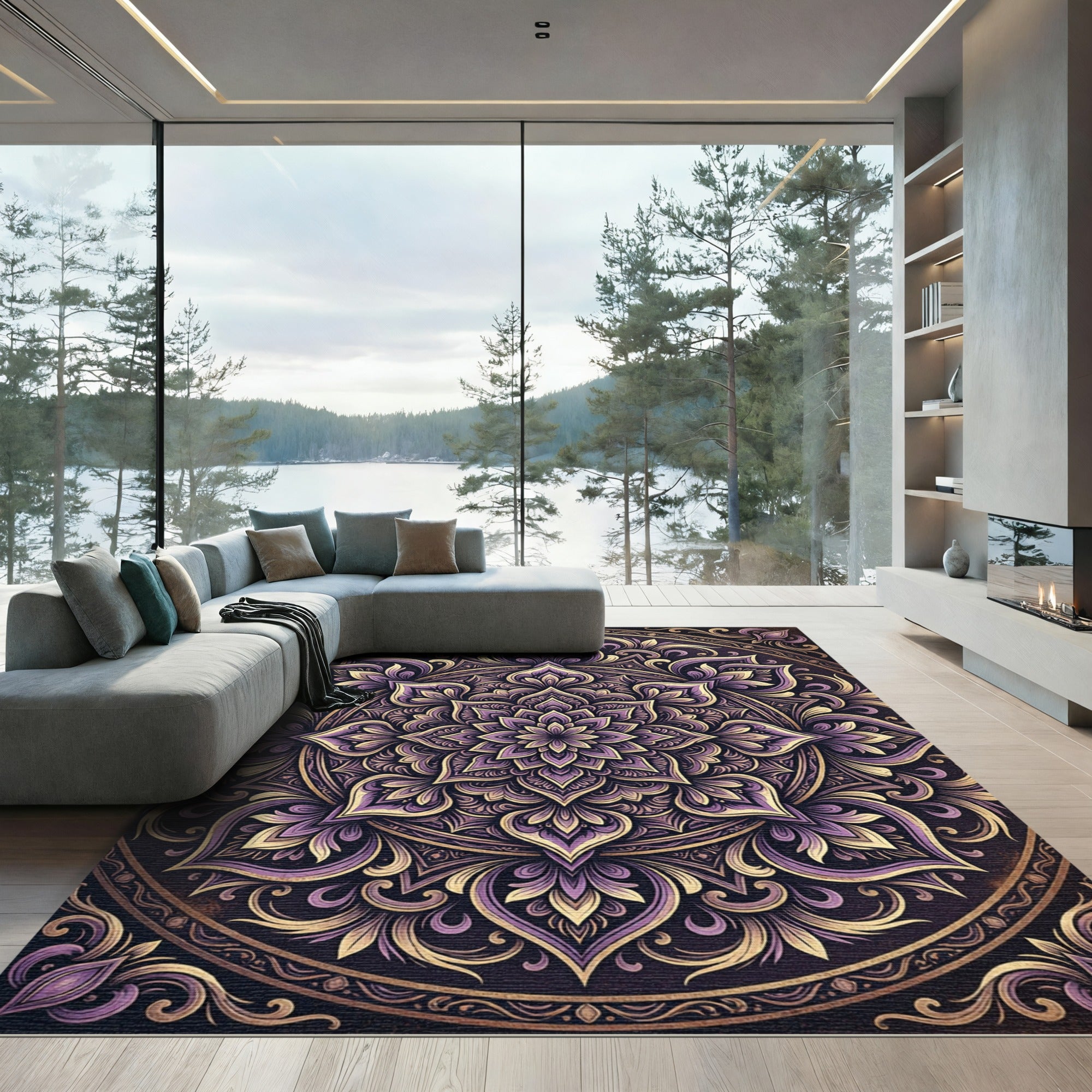 Ornate Violet Gold Floral Mandala Rug