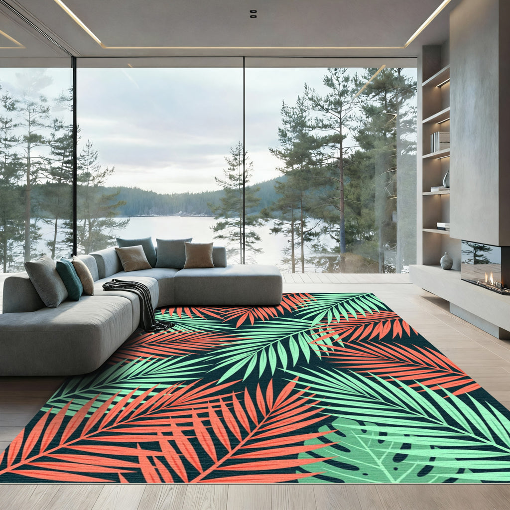 Vibrant Coral and Teal Tropical Fronds Rug