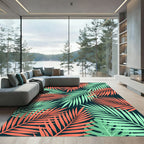 Vibrant Coral and Teal Tropical Fronds Rug