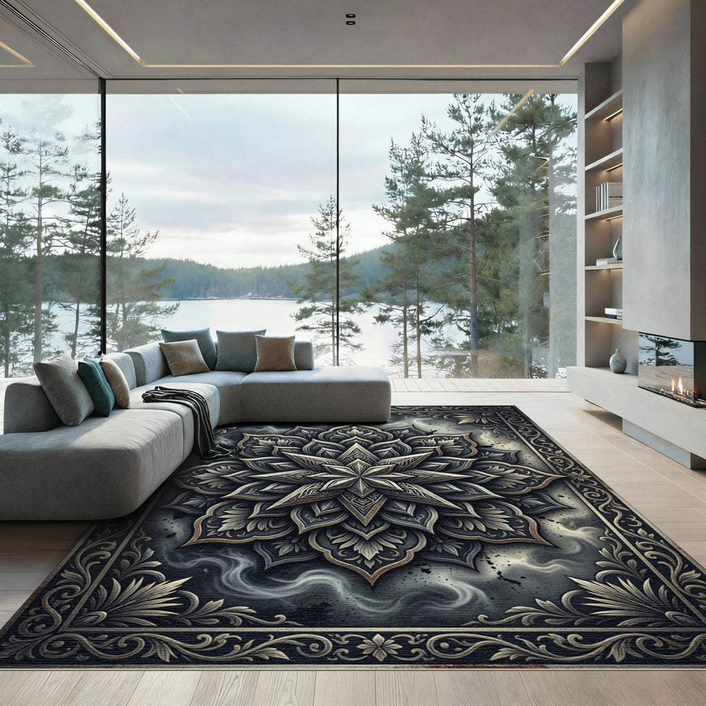 Dark Celestial Silver Lotus Medallion Rug