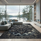 Dark Celestial Silver Lotus Medallion Rug