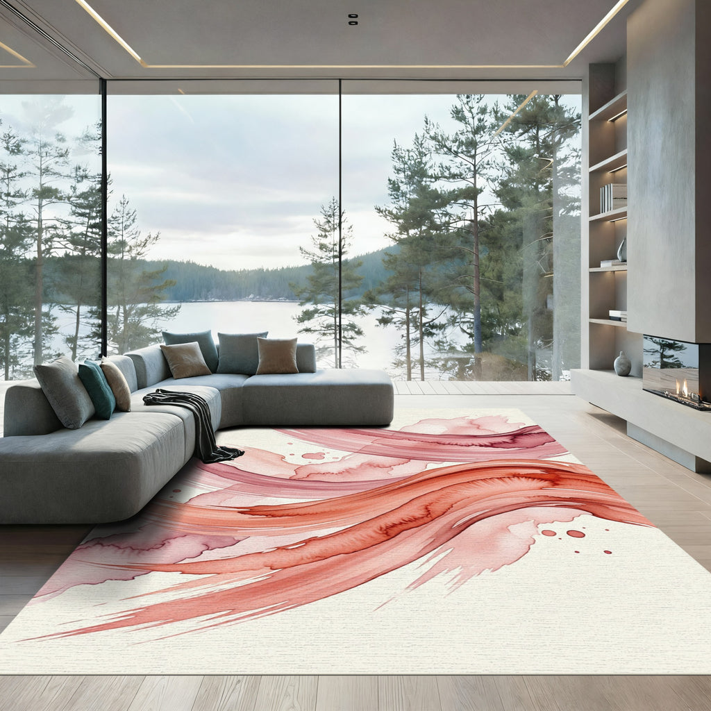 Elegant Terracotta Crimson Abstract Wave Rug