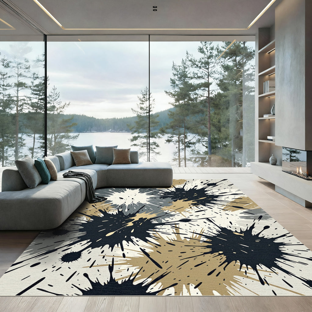 Modern Black and Beige Ink Splatter Rug