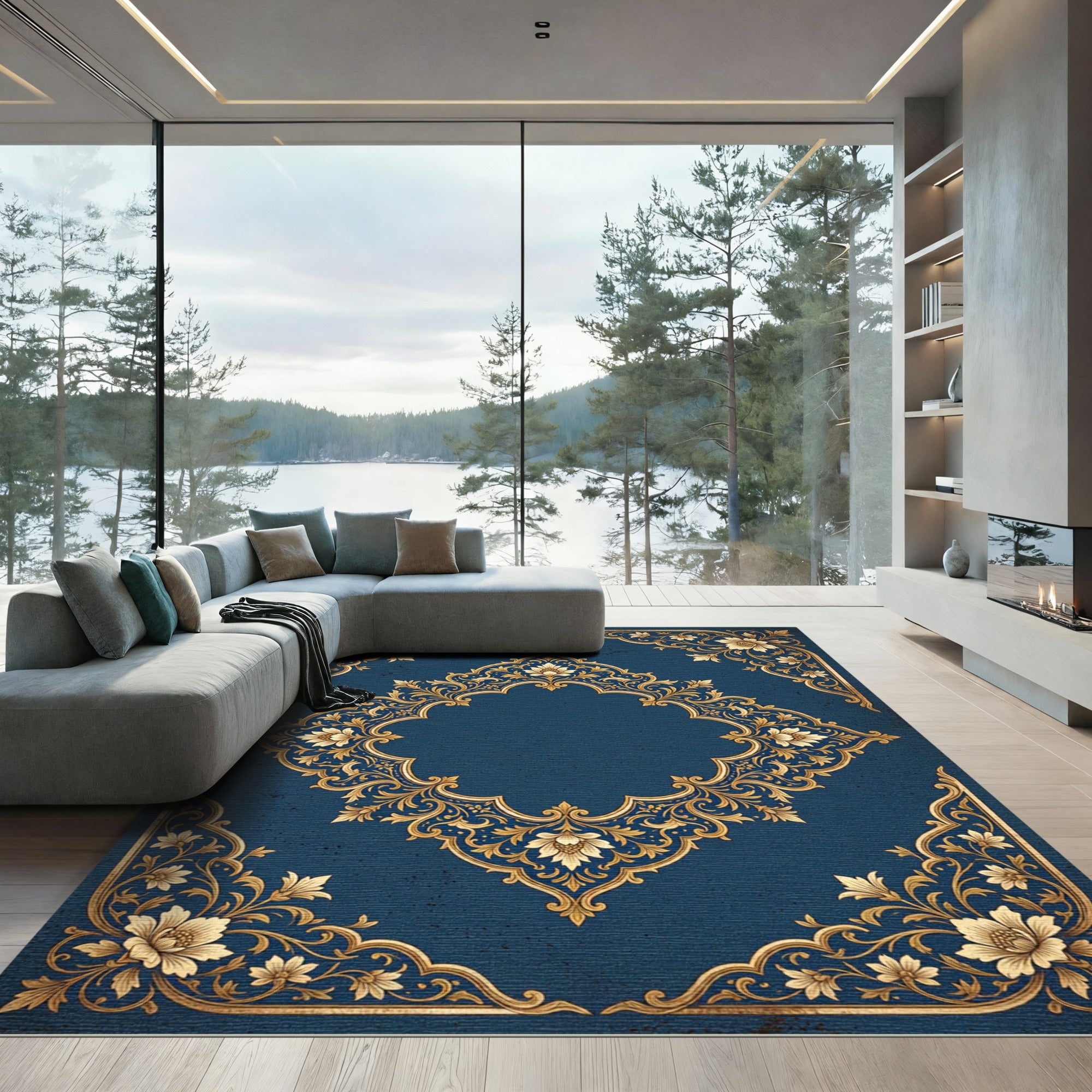 Elegant Gold Floral Navy Medallion Rug