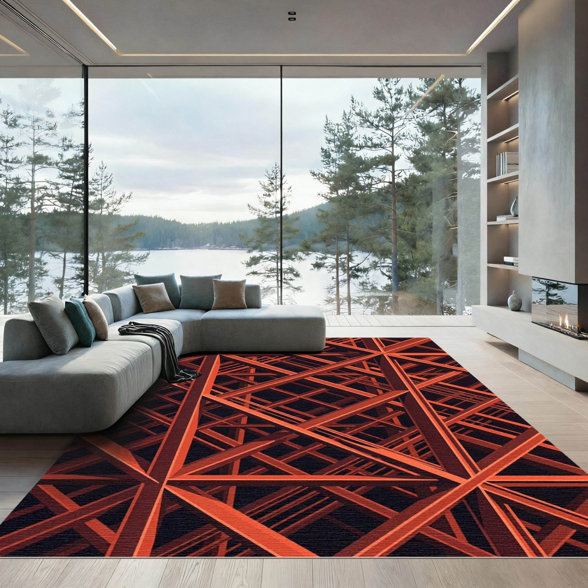 Geometric Orange Industrial Steel Grid Rug