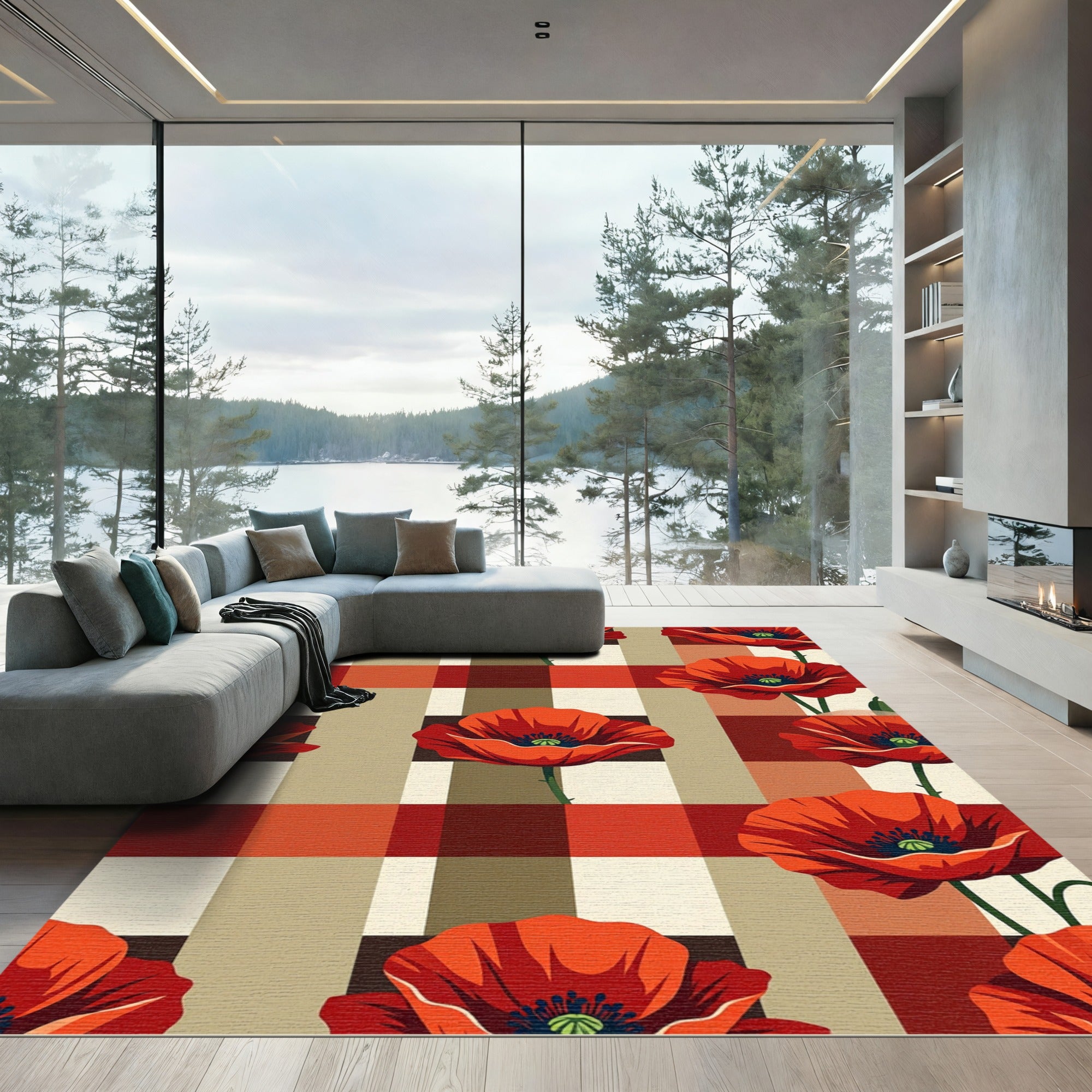 Bold Red Poppy Plaid Composition Rug