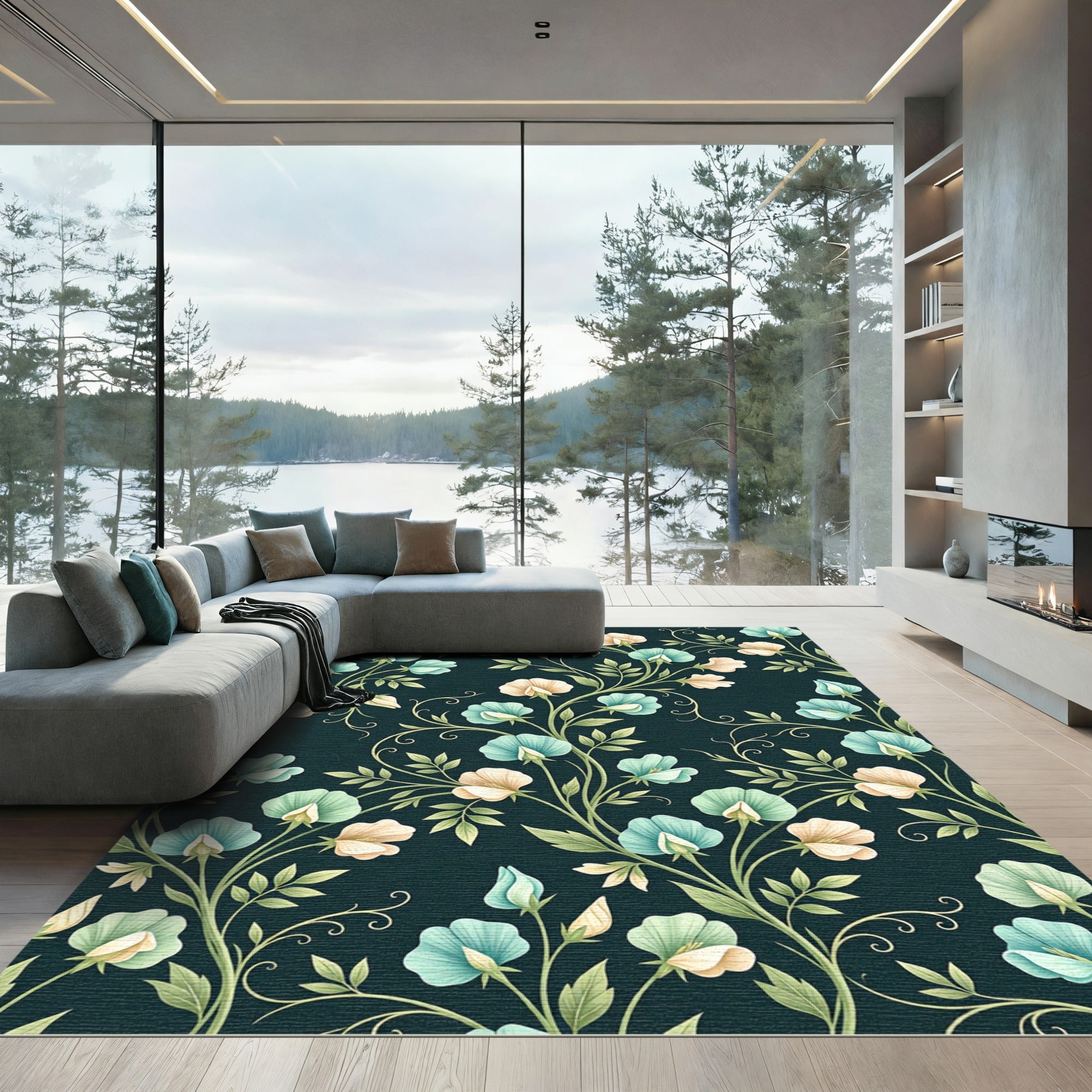 Sage and Cream Floral Botanical Vine Rug