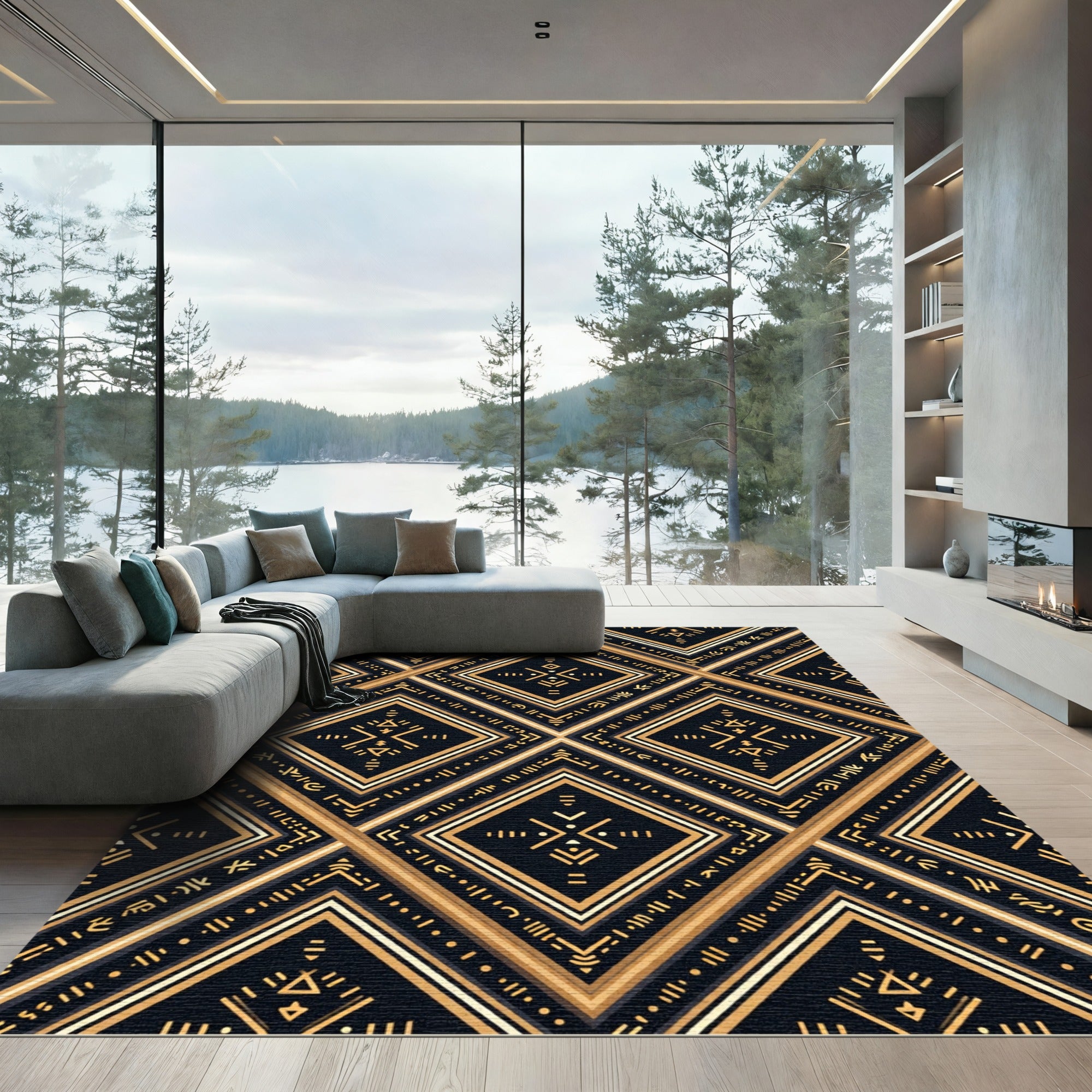 Golden Geometric Diamond Grid Black Rug