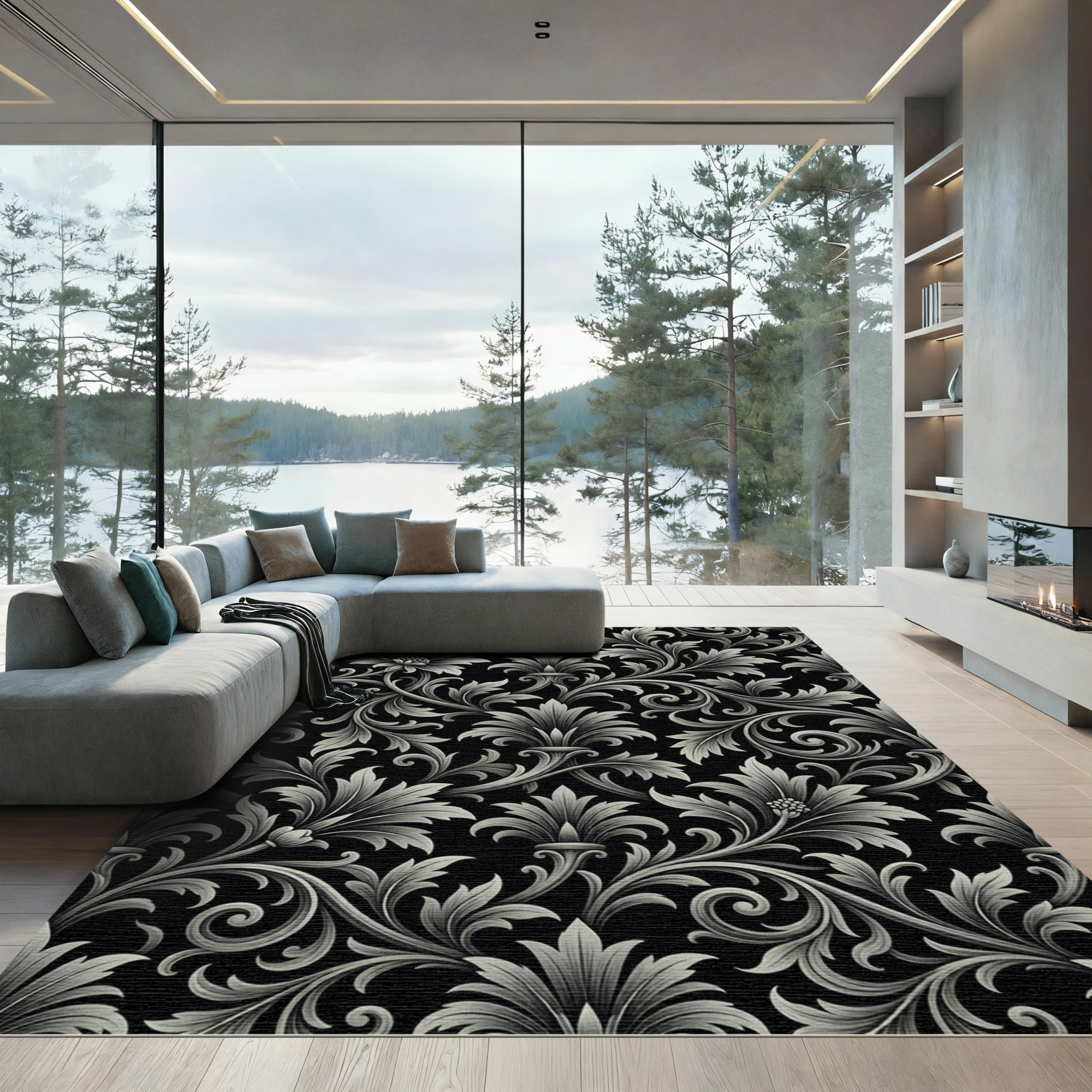 Black Silver Floral Scrollwork Ornament Rug