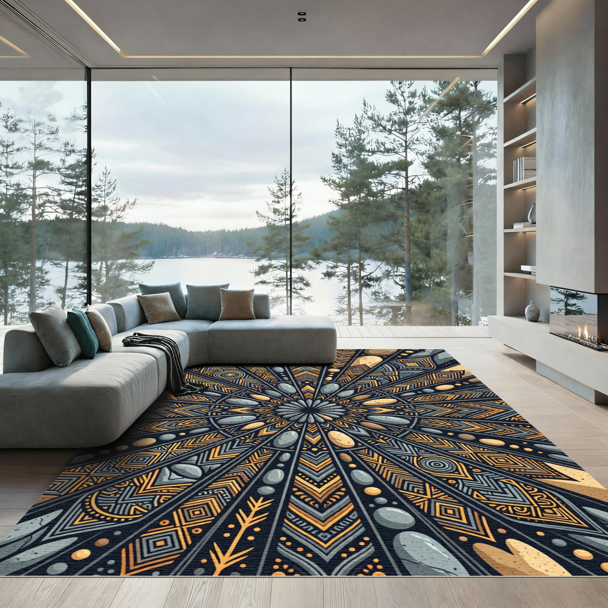Earthy Sunburst Geometric Tribal Jewel Rug