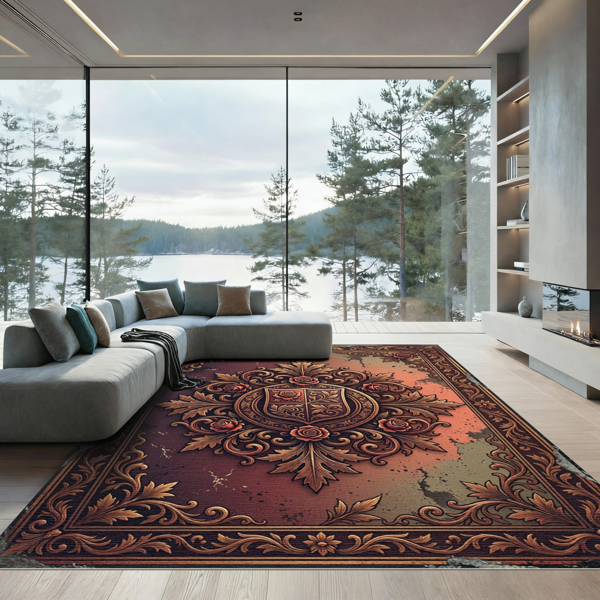 Ornate Bronze Rose Heraldic Emblem Rug