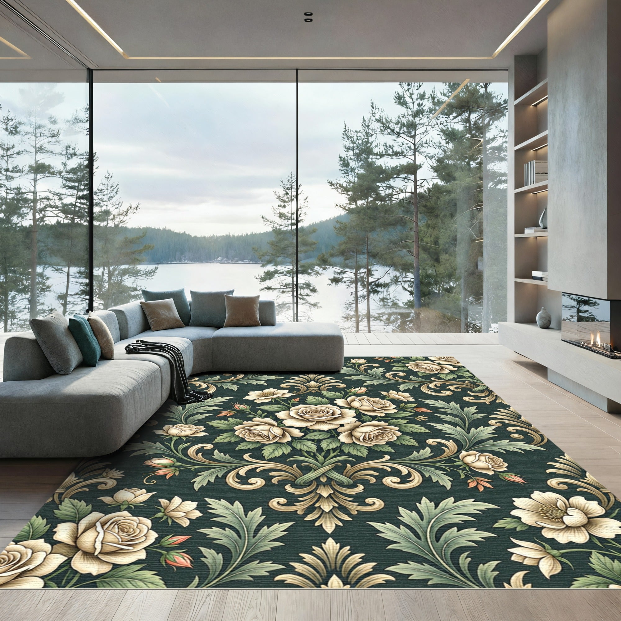 Victorian Cream Rose Damask Botanical Rug