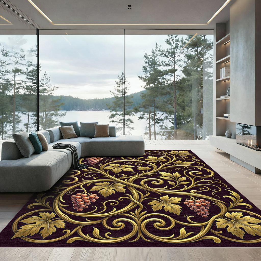 Ornate Gold Grapes Vine Scrollwork Rug