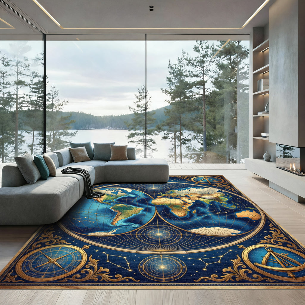 Celestial Globe Vintage Navigation Blue Gold Rug