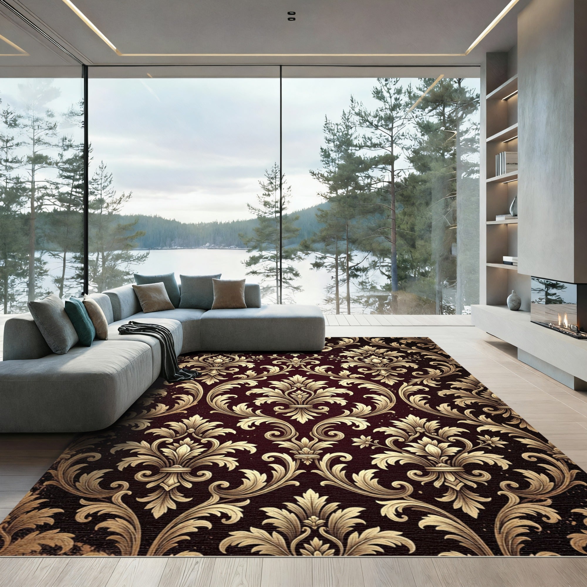 Elegant Gold Damask Deep Burgundy Scroll Rug