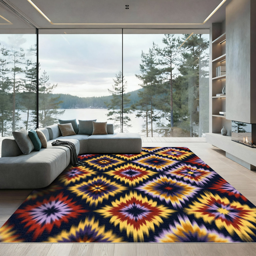 Vibrant Yellow Red Ikat Diamond Medallion Rug