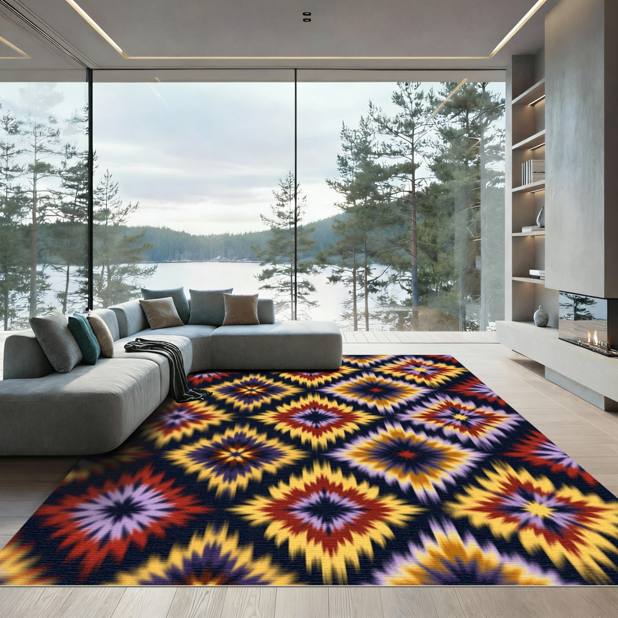 Vibrant Yellow Red Ikat Diamond Medallion Rug