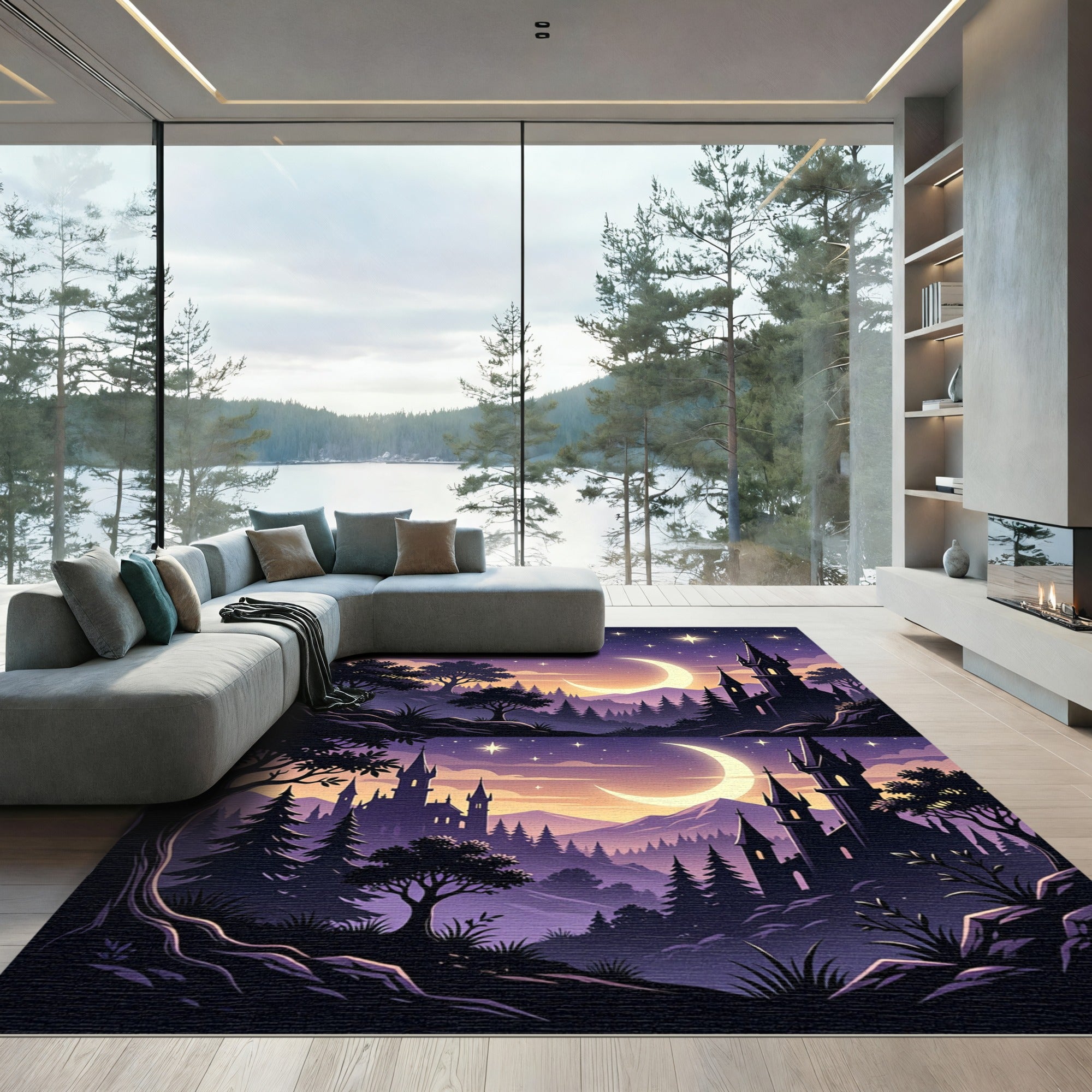 Ethereal Twilight Crescent Moon Castle Rug