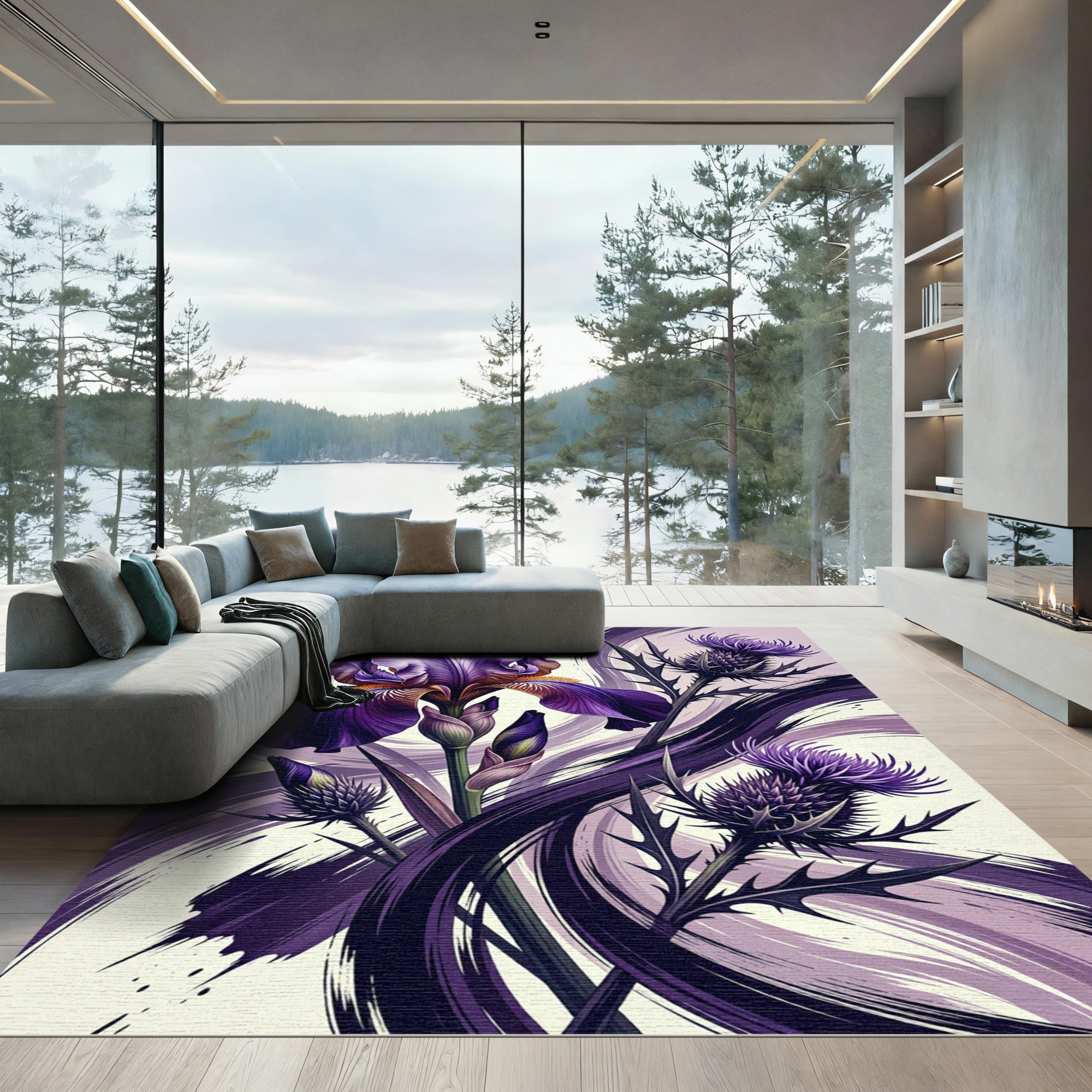 Elegant Purple Iris and Thistle Art Rug