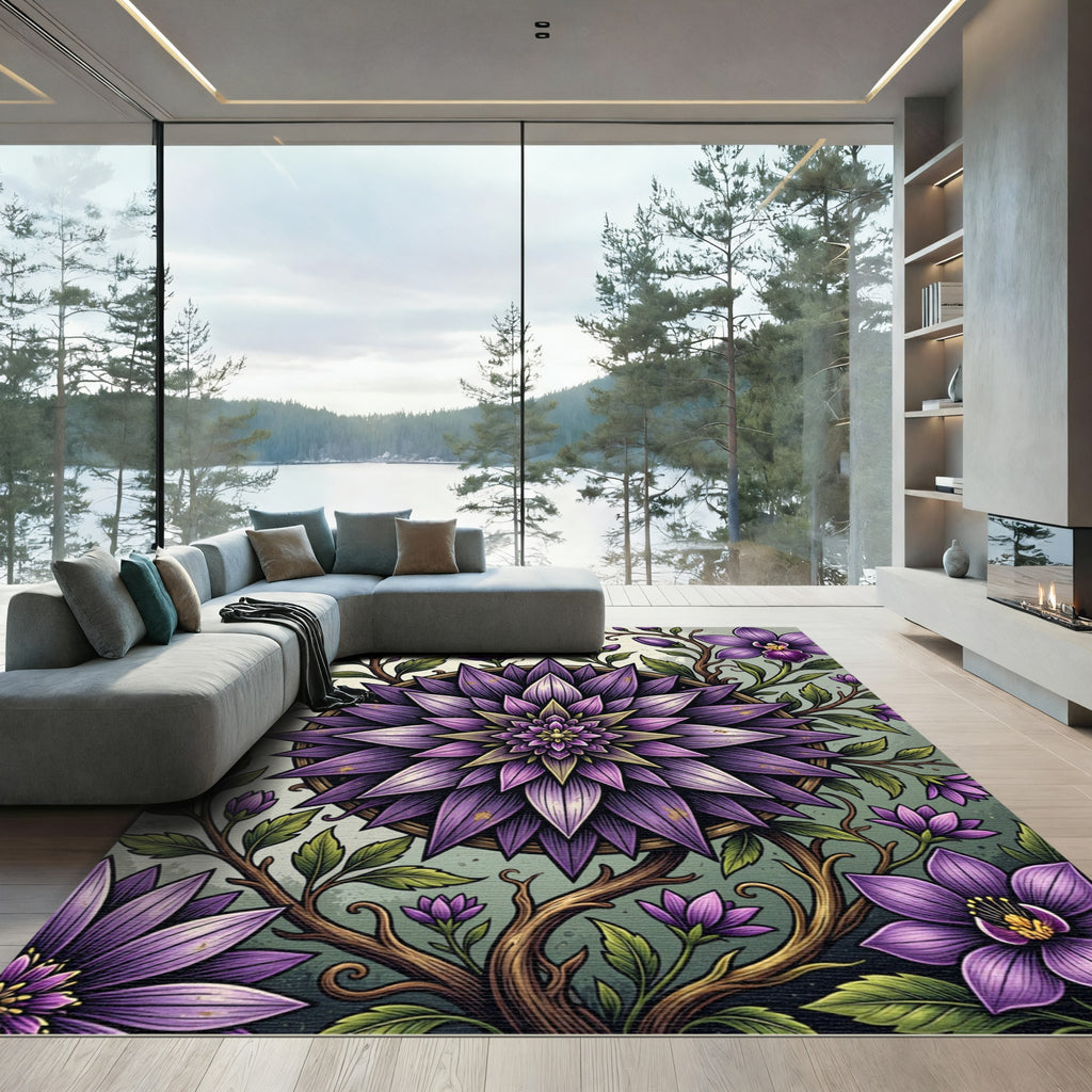 Radiant Violet Floral Mandala Art Rug