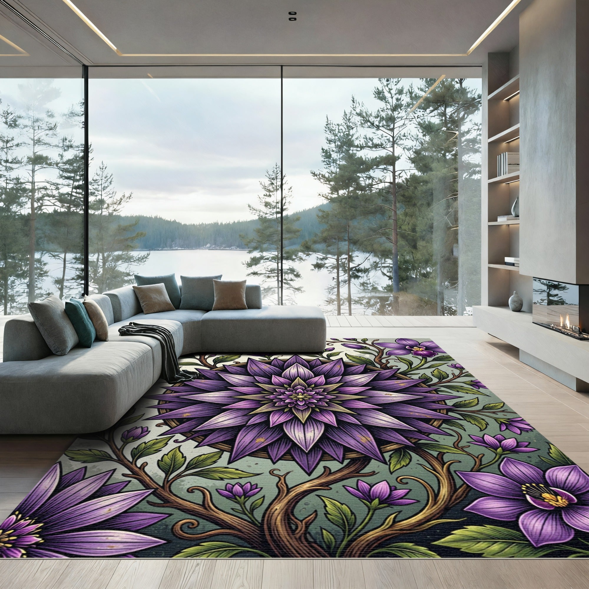 Radiant Violet Floral Mandala Art Rug
