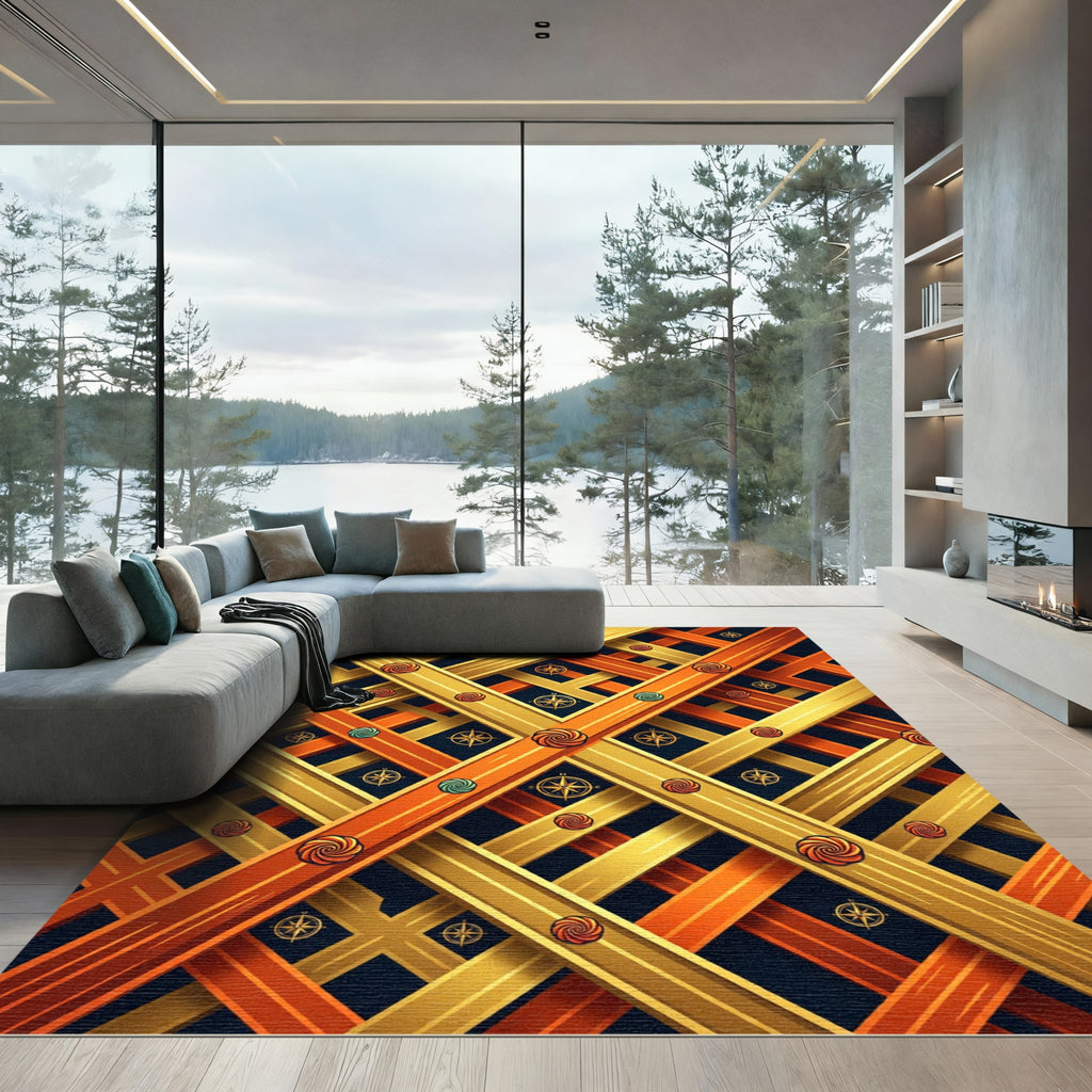 Golden Orange Intersecting Compass Swirls Rug