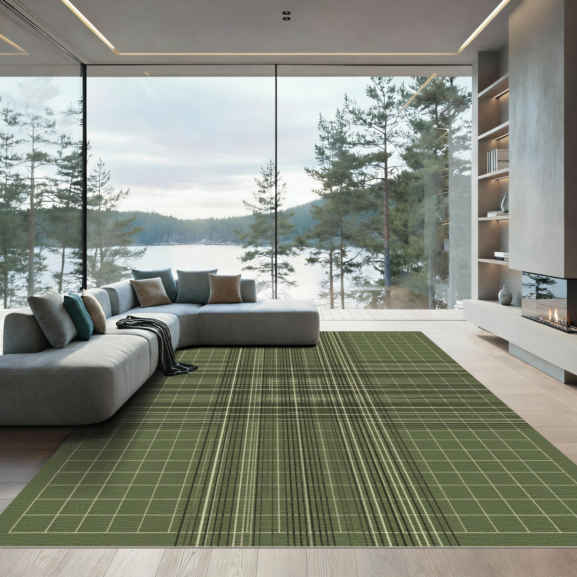 Olive Green Grid Stripe Composition Rug