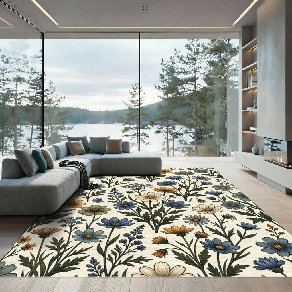 Vintage Blue and Golden Meadow Flora Rug