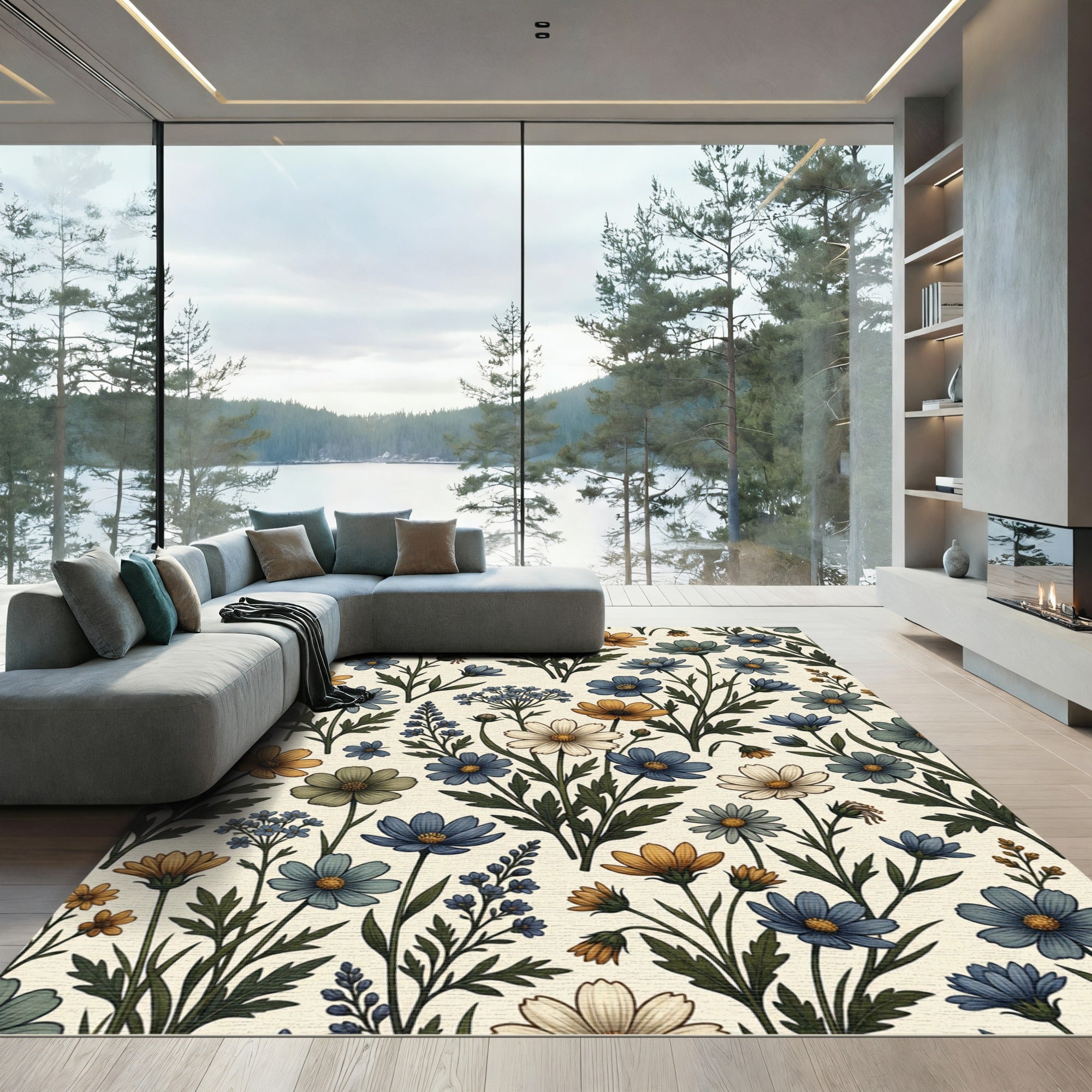 Vintage Blue and Golden Meadow Flora Rug