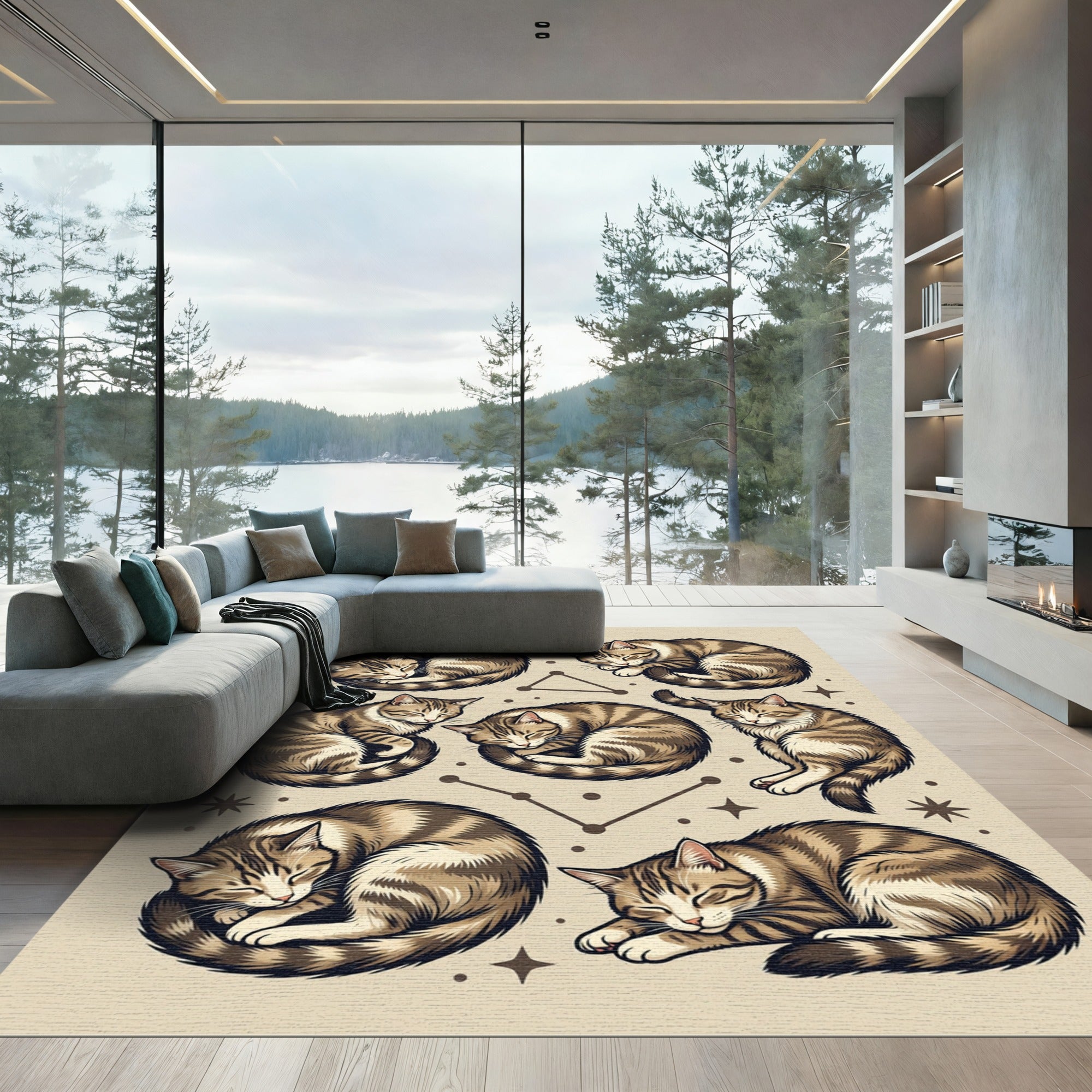 Celestial Sleeping Tabby Cat Constellation Rug