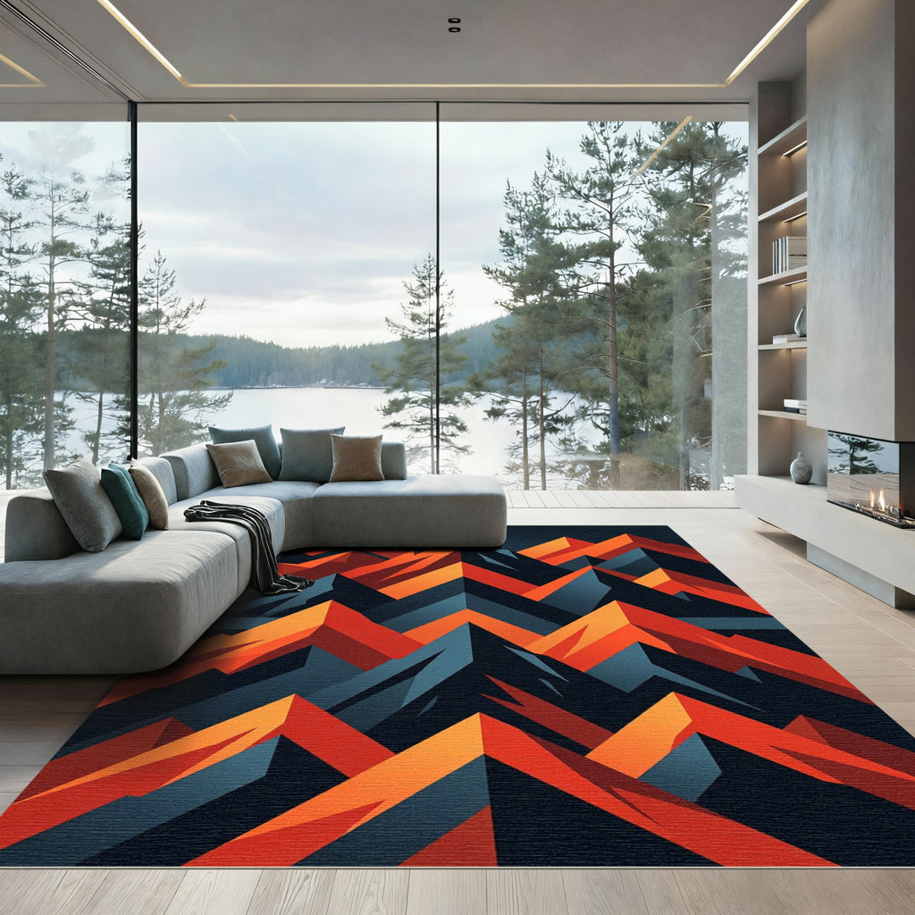 Midnight Orange Geometric Mountain Peaks Rug