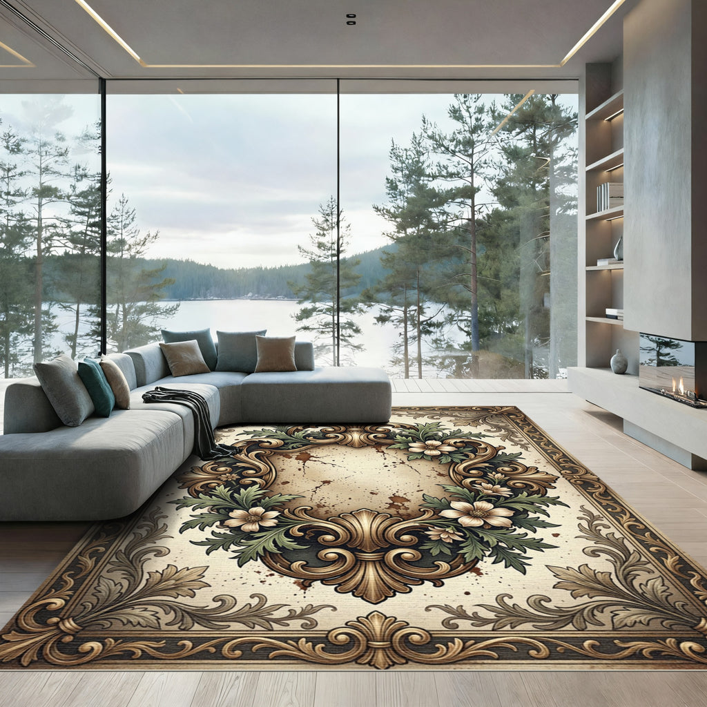 Ornate Gold Filigree Floral Scroll Rug