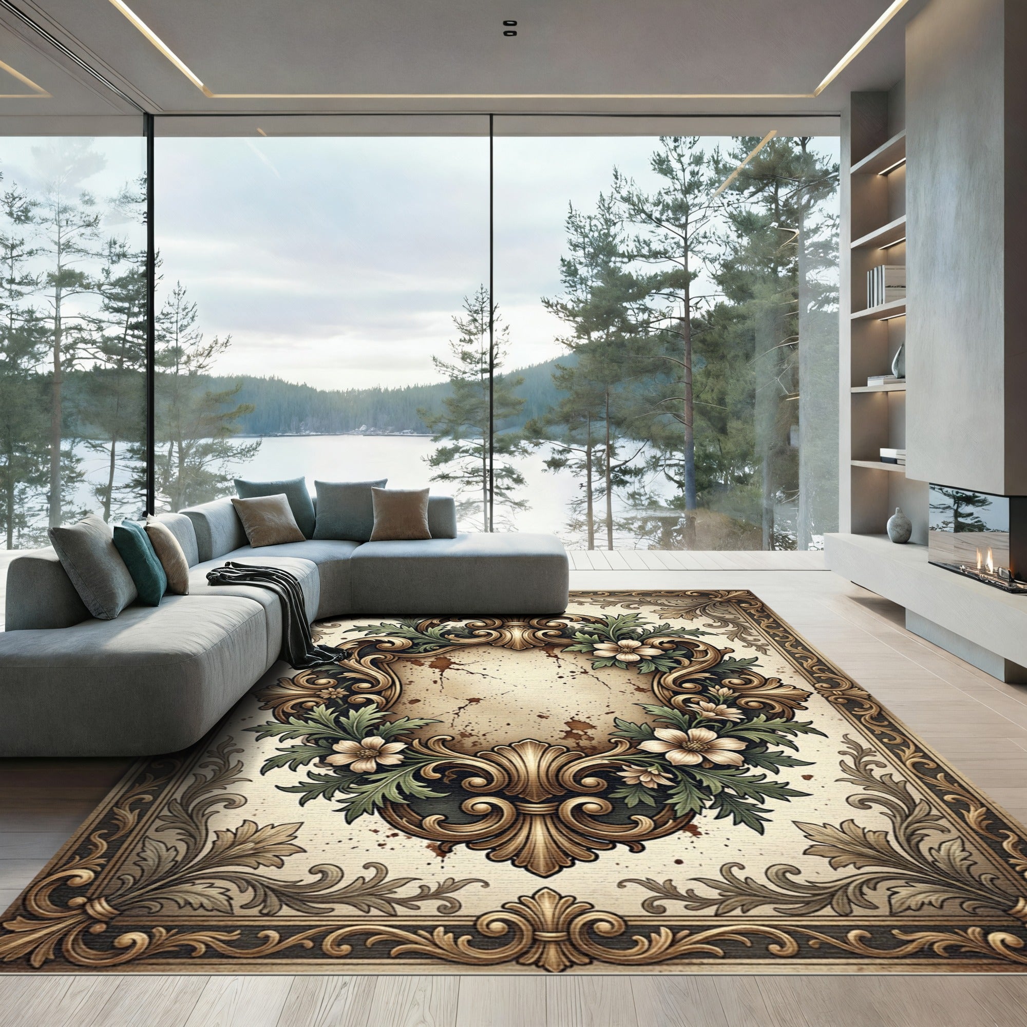 Ornate Gold Filigree Floral Scroll Rug