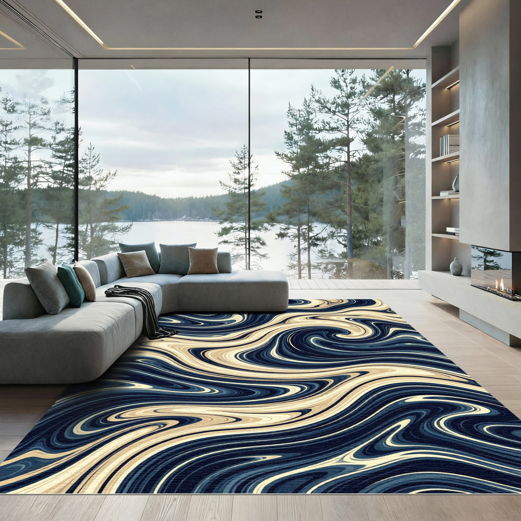 Deep Blue Cream Swirl Flow Rug