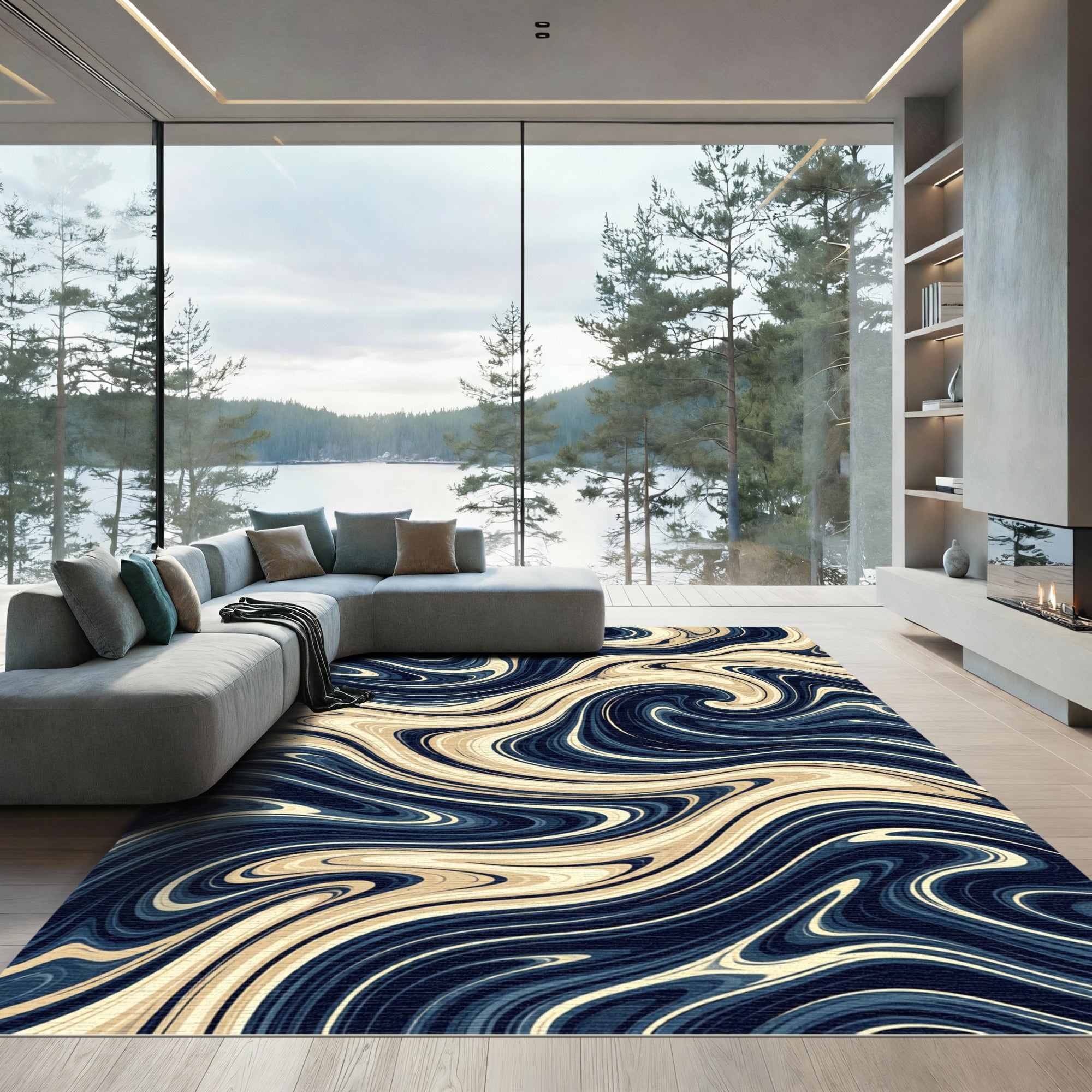 Deep Blue Cream Swirl Flow Rug