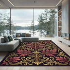 Gilded Crimson Foliage Ornate Scroll Rug