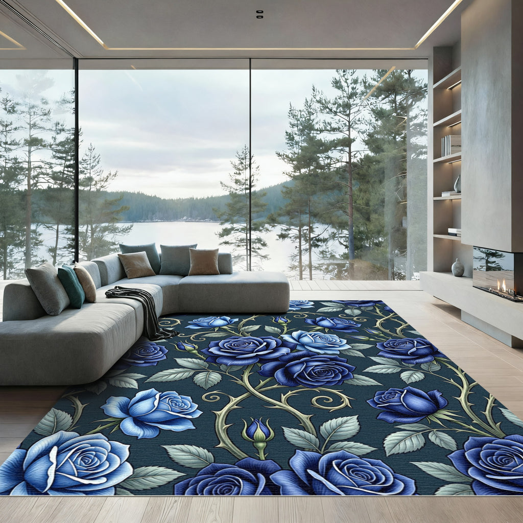 Elegant Dark Blue Rose Botanical Rug