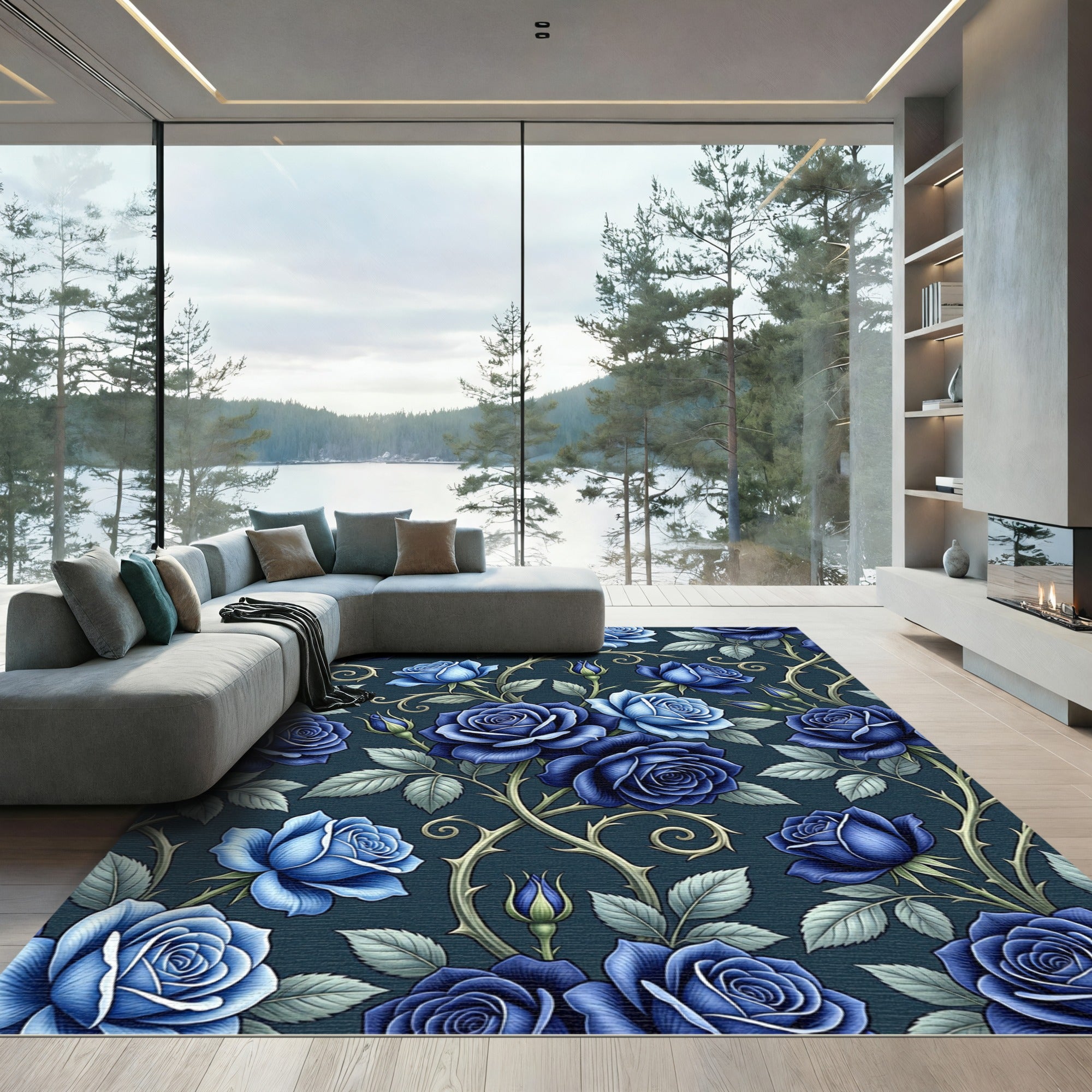 Elegant Dark Blue Rose Botanical Rug