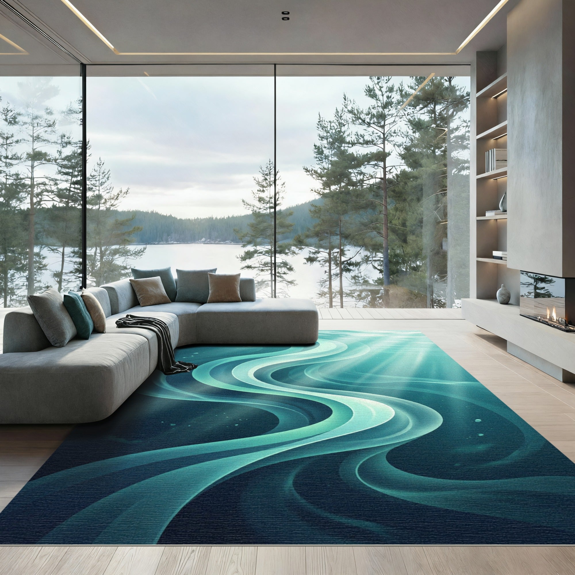 Deep Teal Swirling Water Ribbons Rug