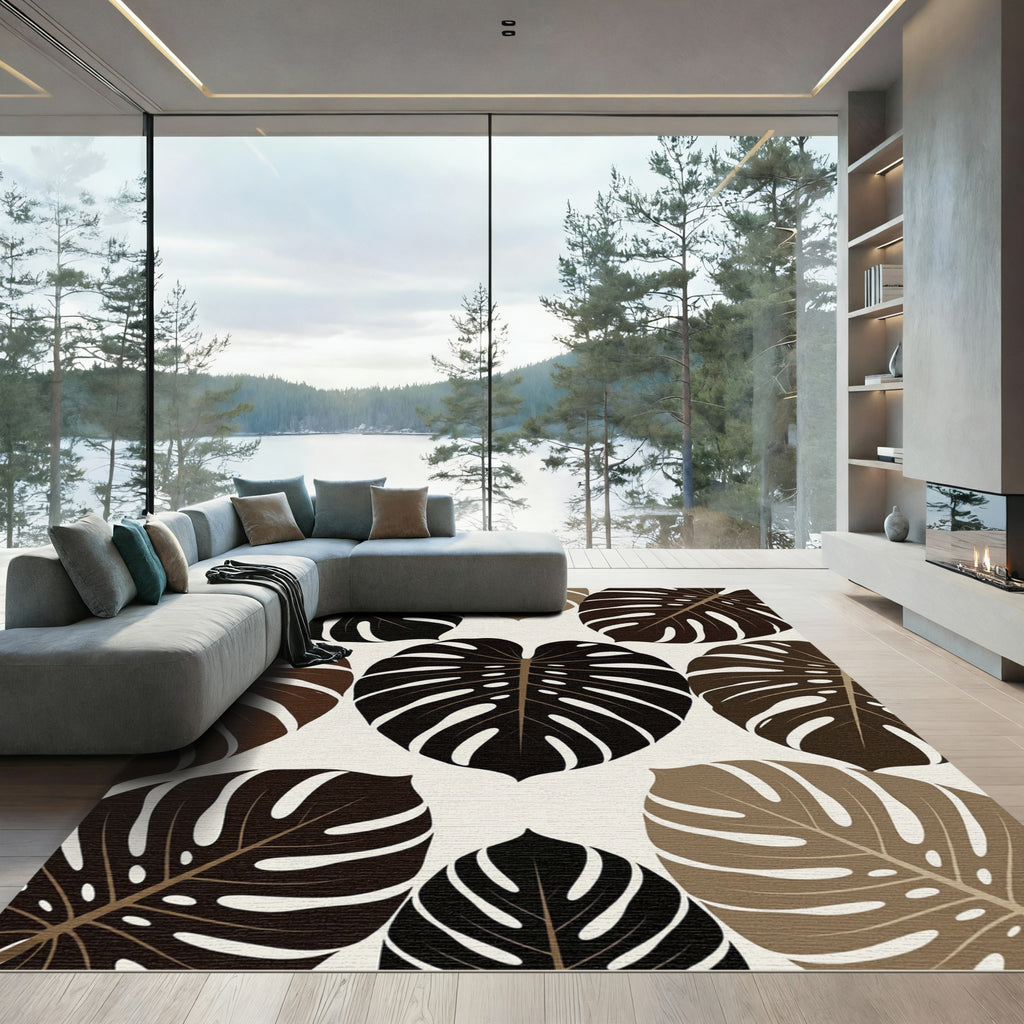 Monstera Leaves Dark Brown Beige Rug
