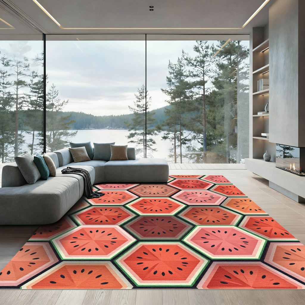 Red Watermelon Hexagonal Fruit Slice Rug