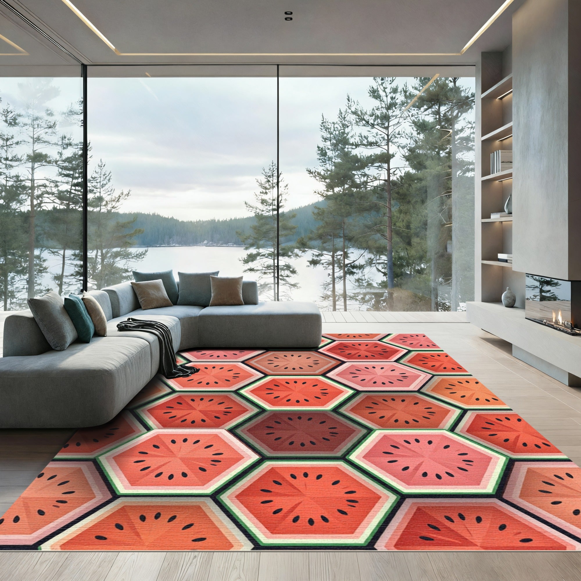 Red Watermelon Hexagonal Fruit Slice Rug