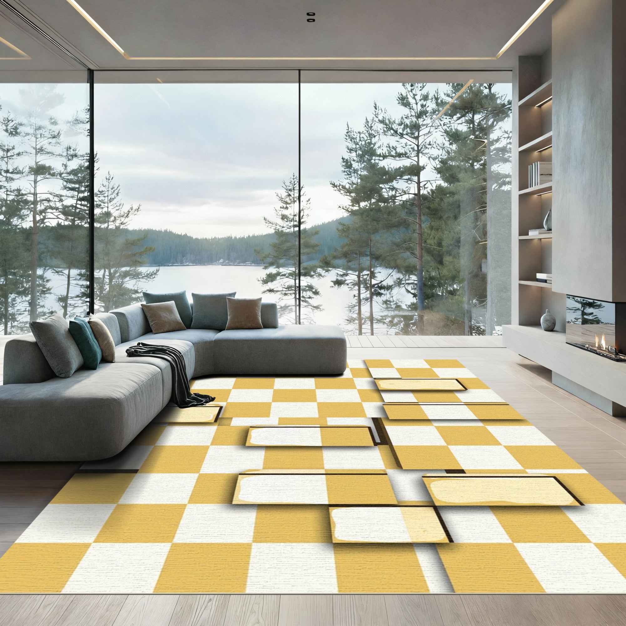Modern Mustard Gold Geometric Chessboard Rug