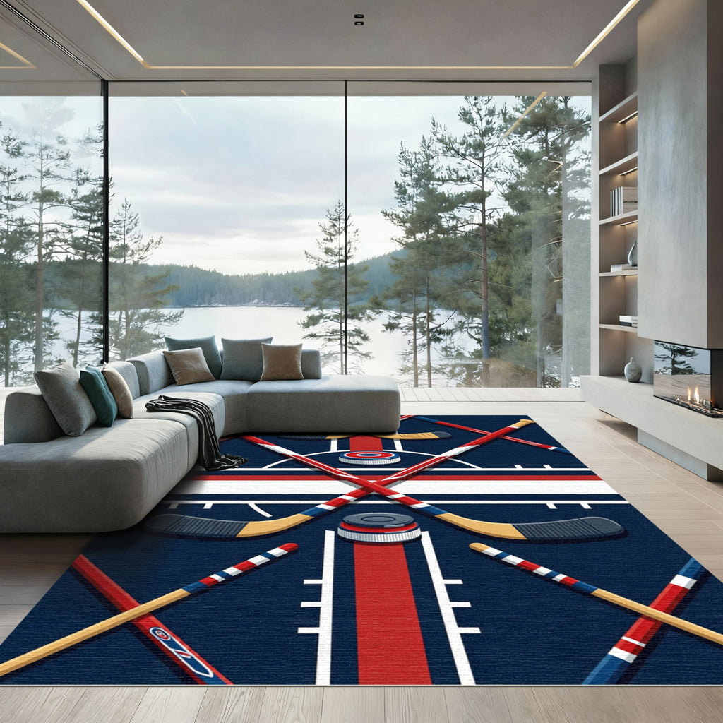 Dynamic Blue and Red Hockey Accent Rug