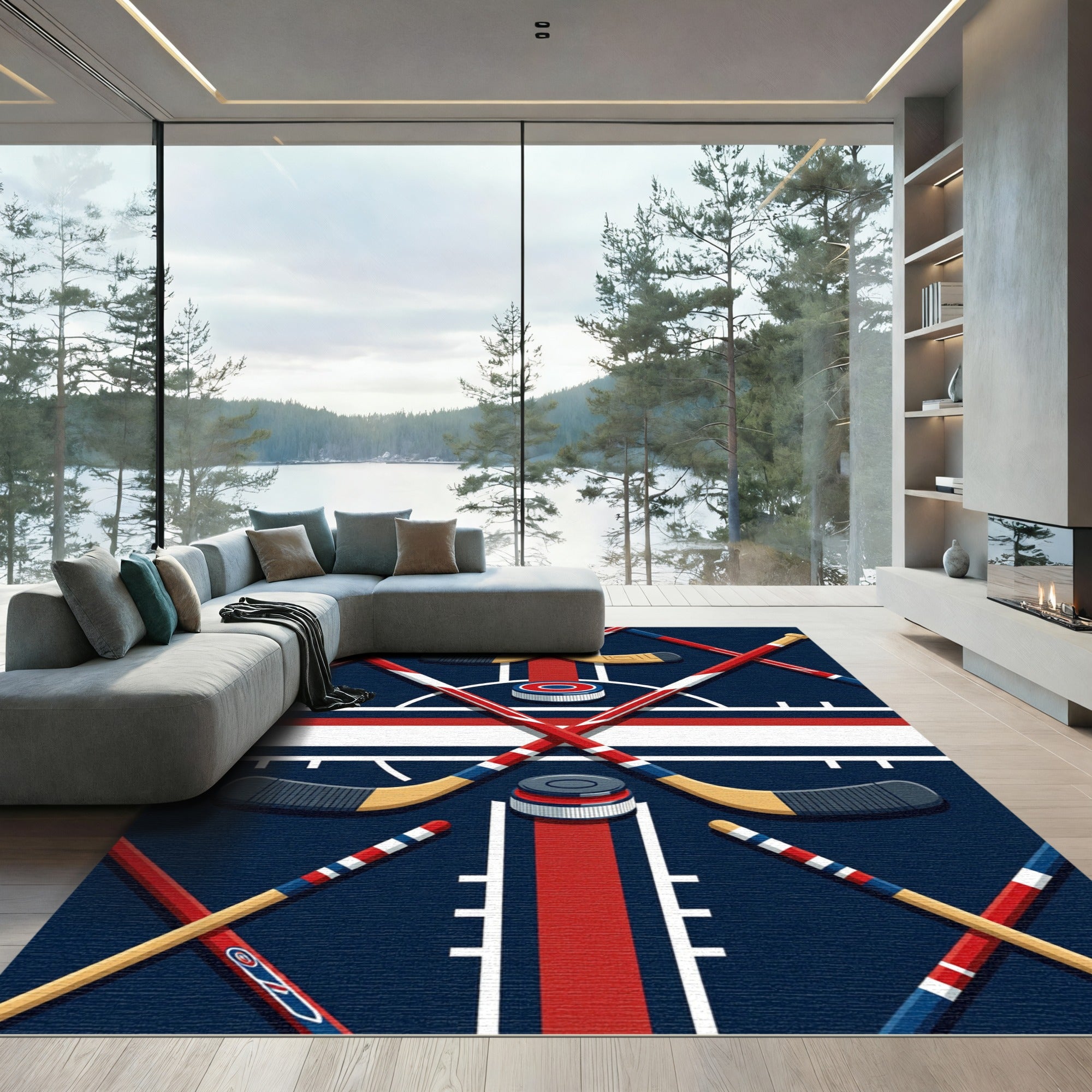Dynamic Blue and Red Hockey Accent Rug