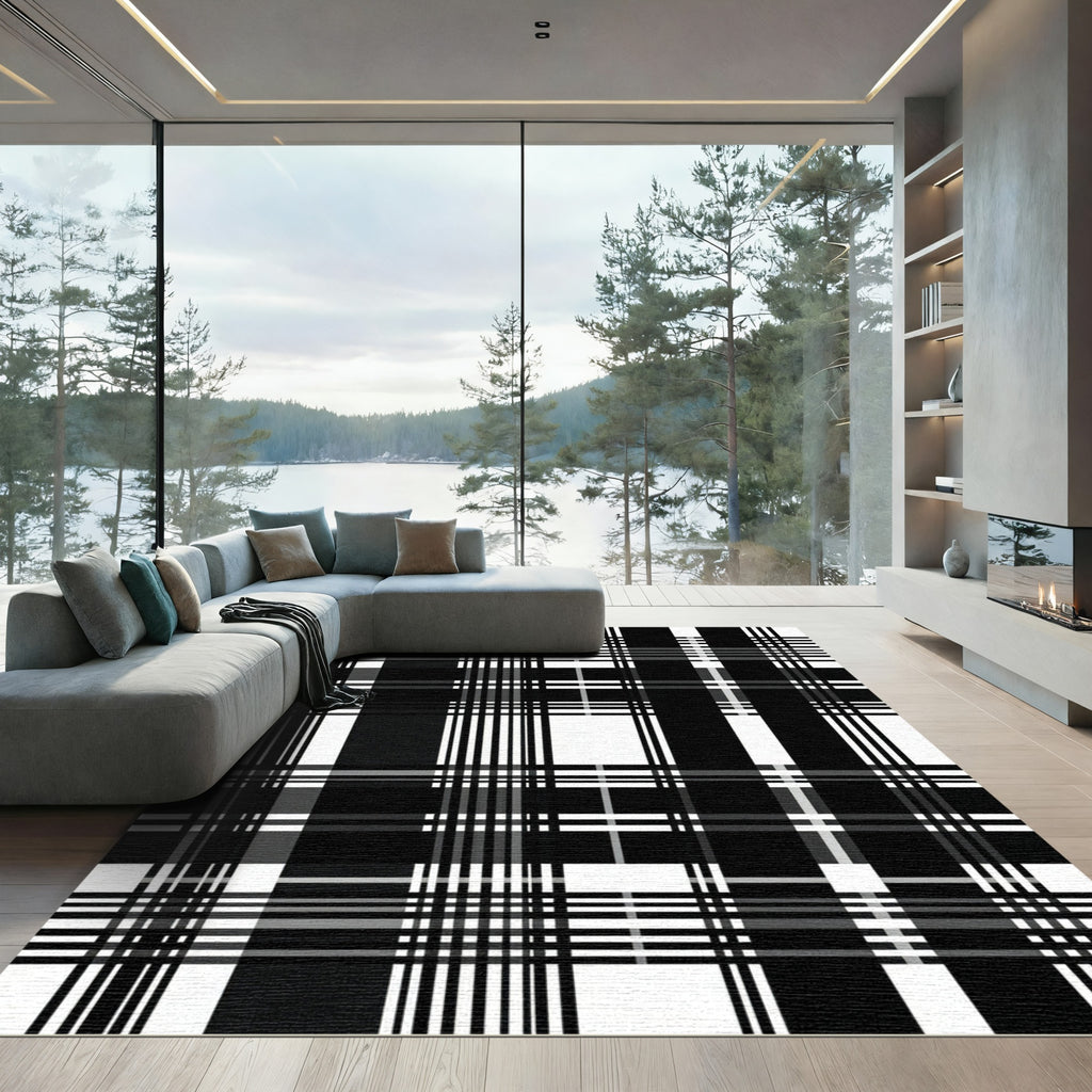 Bold Black White Plaid Lines Rug