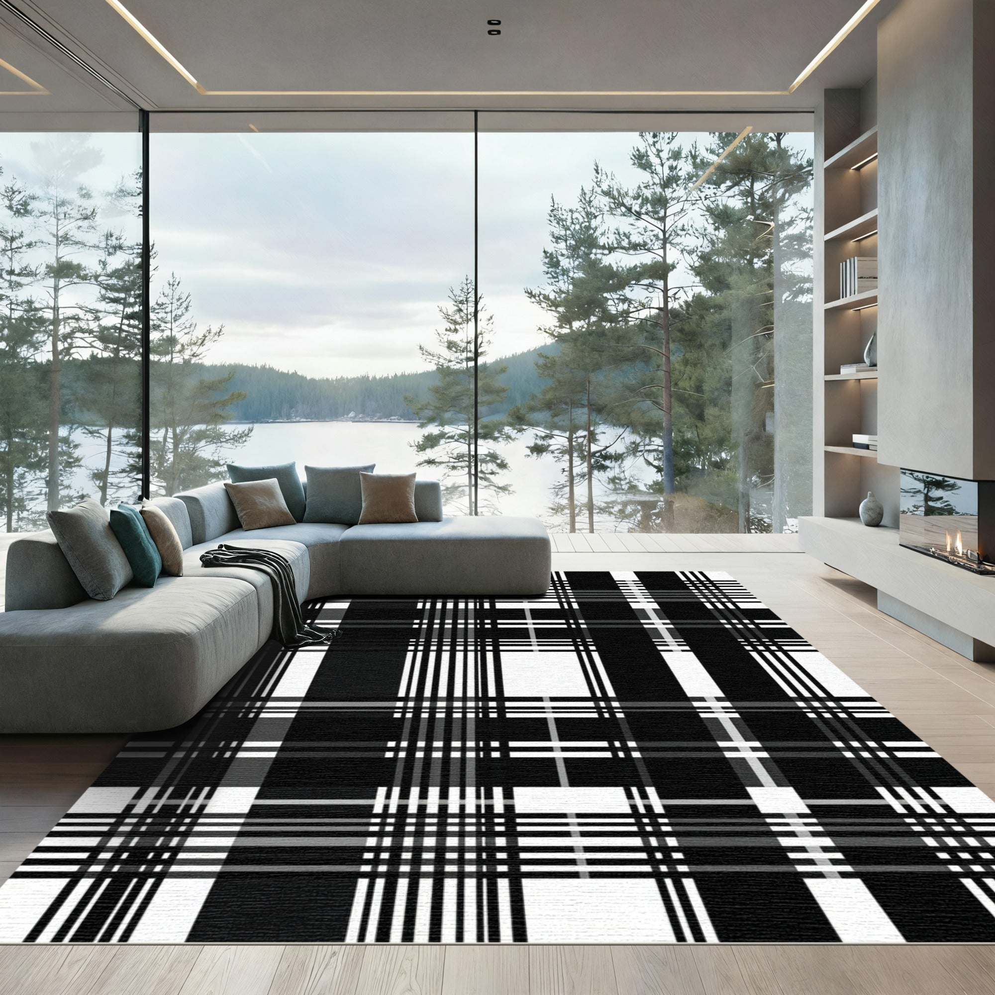Bold Black White Plaid Lines Rug