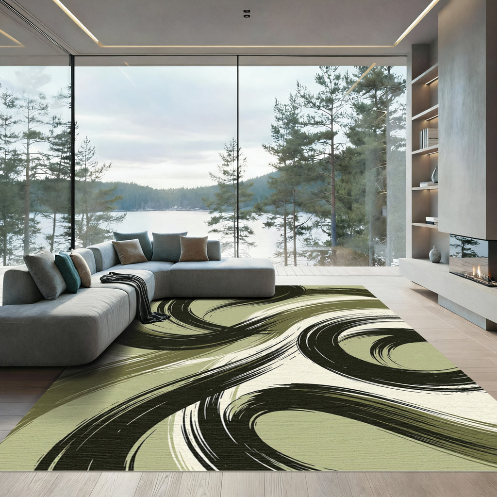 Modern Olive Sweeping Abstract Swirl Rug