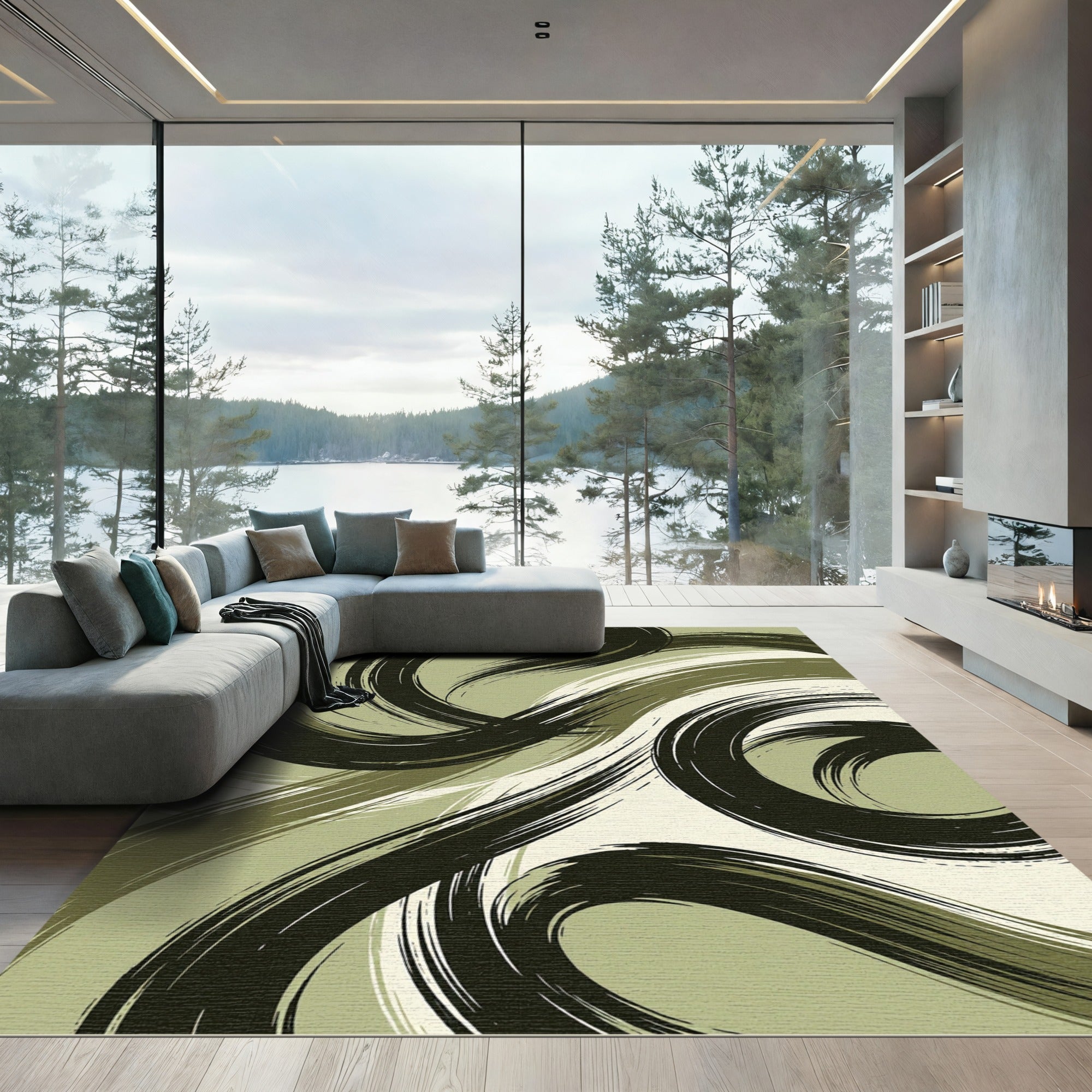 Modern Olive Sweeping Abstract Swirl Rug